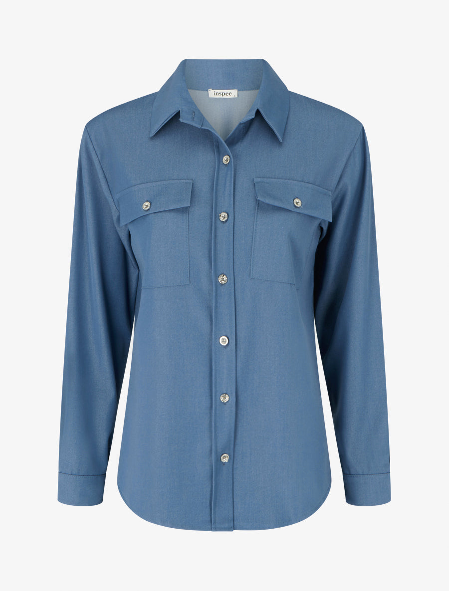 Chemise unie fluide à poches - Bleu - 1