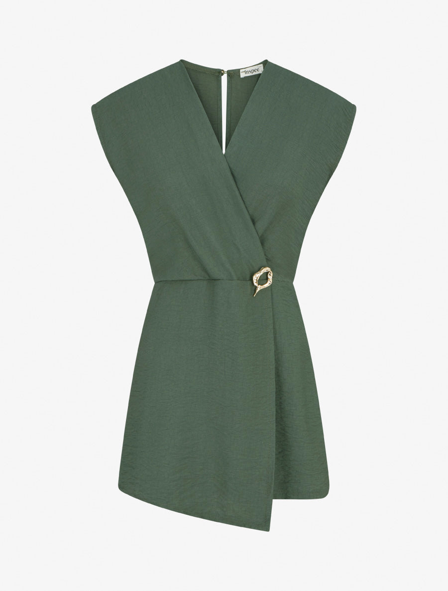 Combishort style robe portefeuille à broche - Kaki - 1