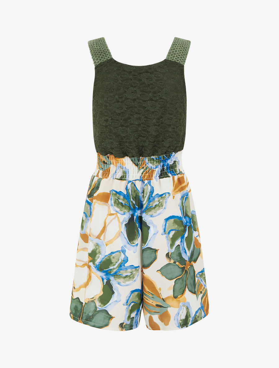 Combishort imprimé fleurs tropicales à bustier en dentelle - Kaki - 2