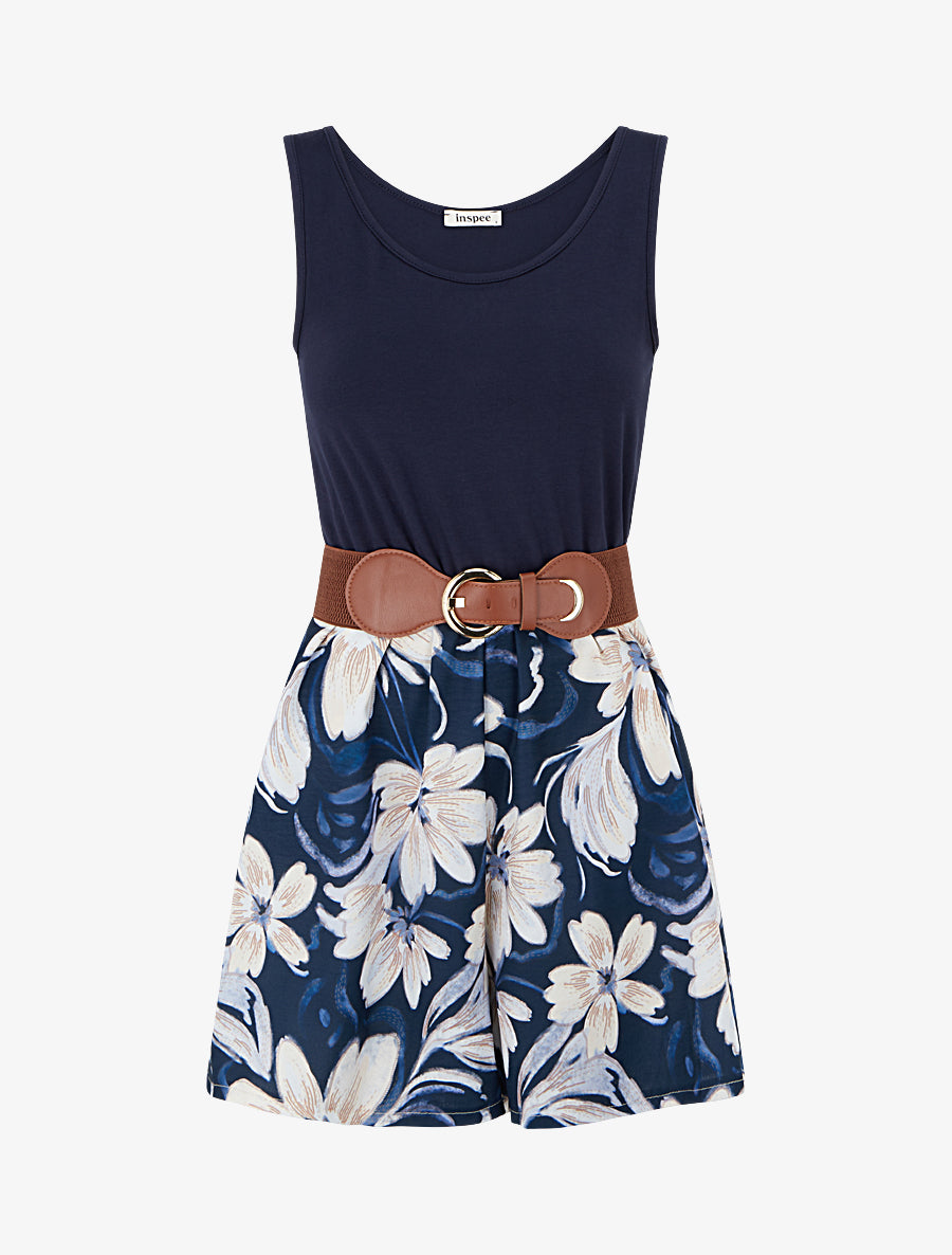 Combishort ceinturé à imprimé floral - Marine - 1