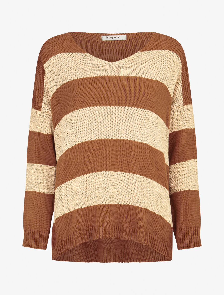 Pull en maille à bandes dorées - Camel - 1