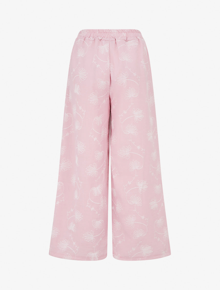 Pantalon en lin à broderie floral - Rose - 2