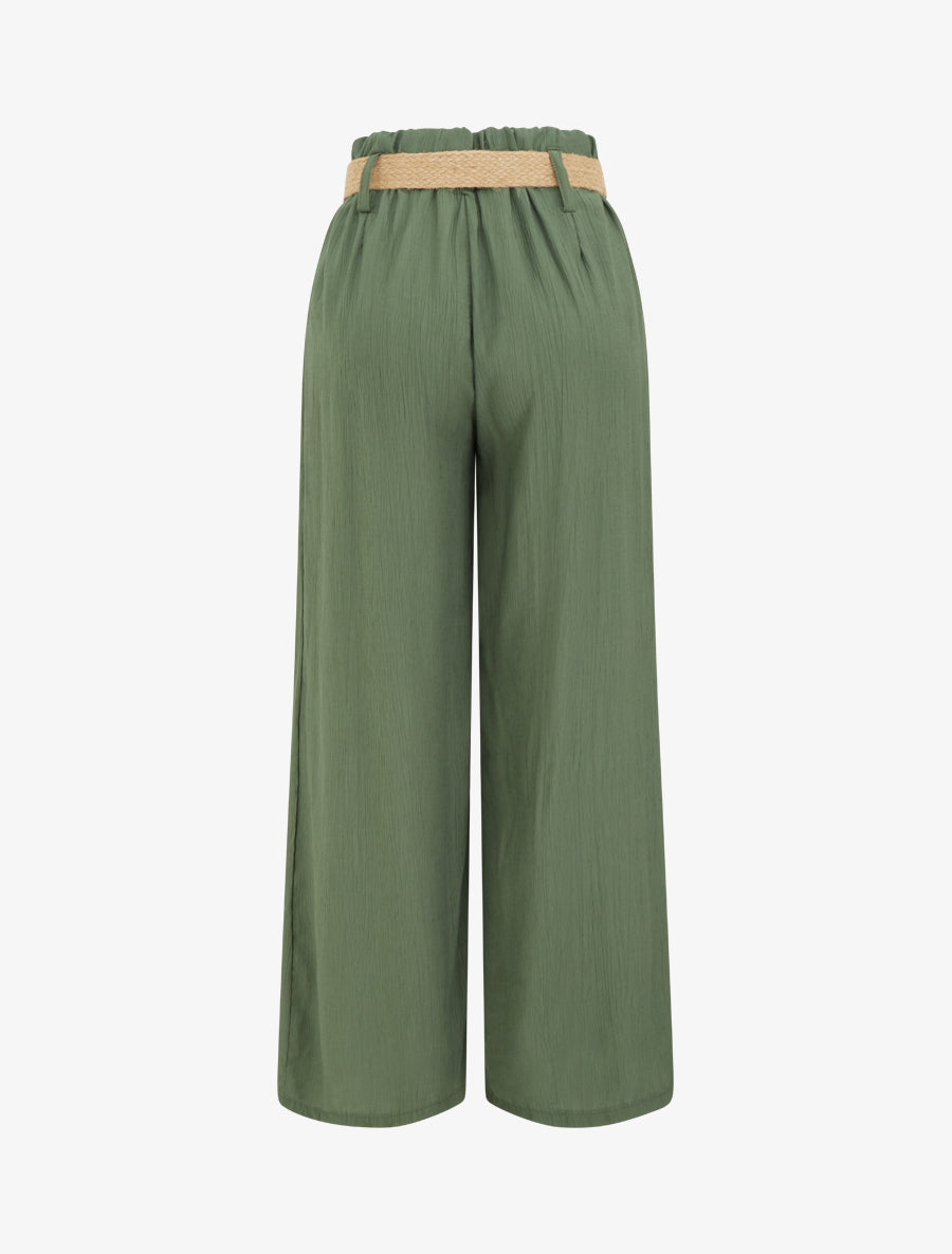 Pantalon fluide uni à taille élastiquée - Kaki - 2