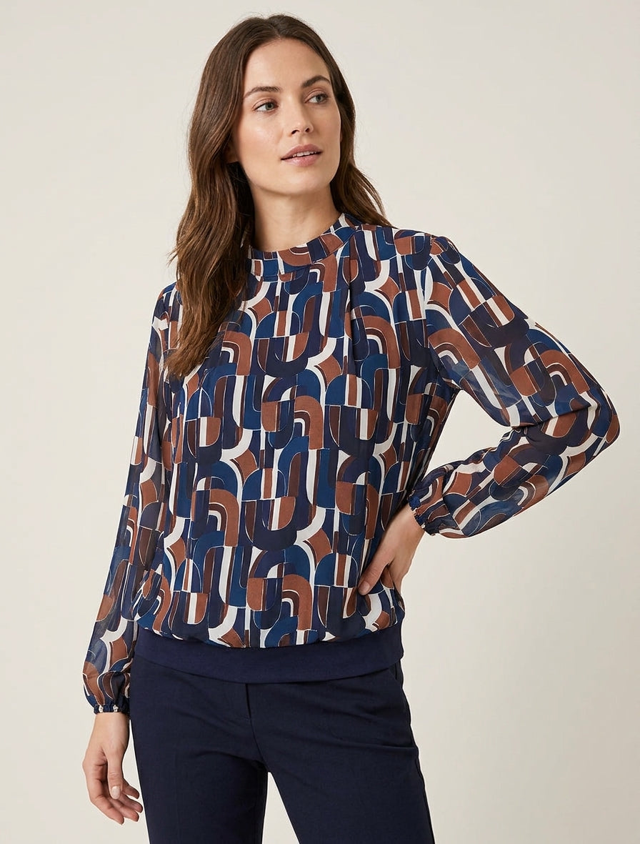 Retro-bedruckte Bluse mit elastischen Bündchen - Marine