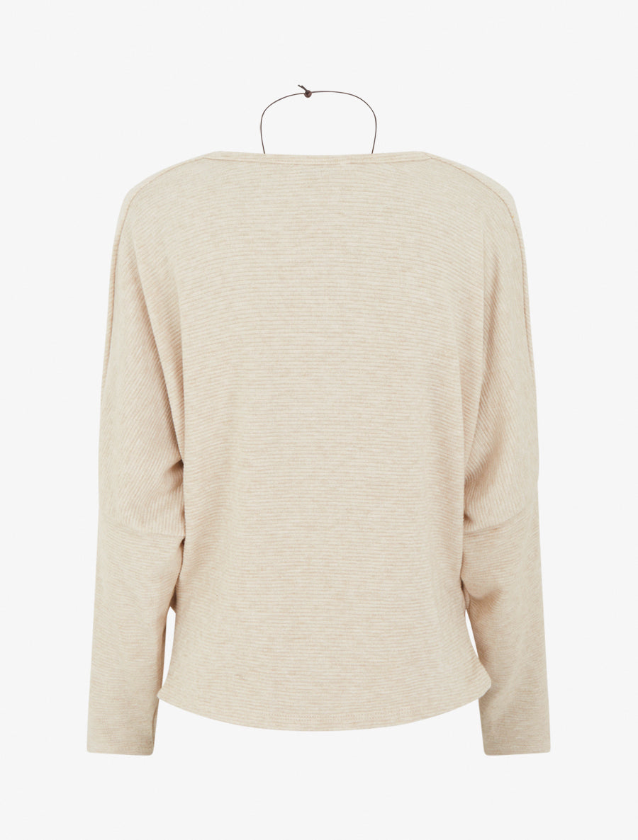 Gerippter Pullover mit Fledermausärmeln und Wasserfallausschnitt - Beige