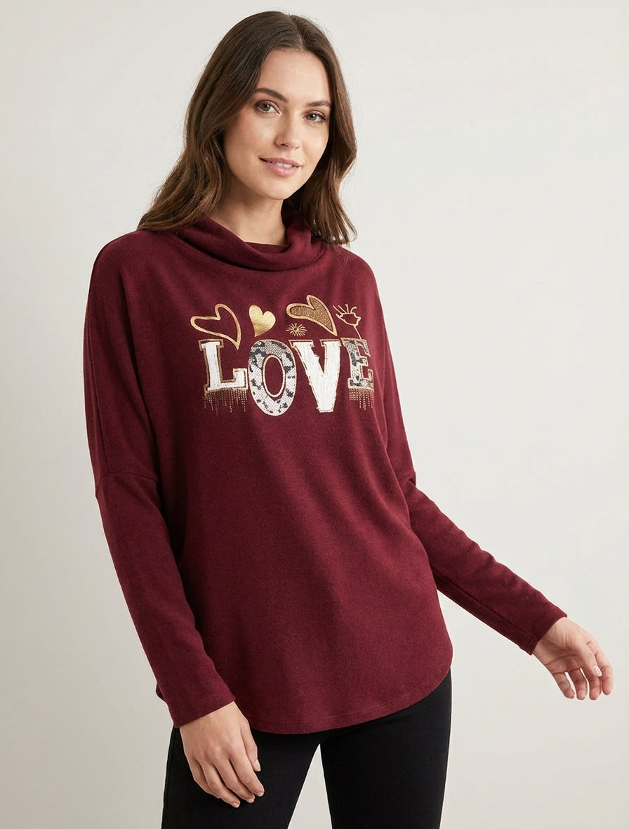 Pullover mit Wasserfallausschnitt und Aufschrift LOVE - Bordeaux