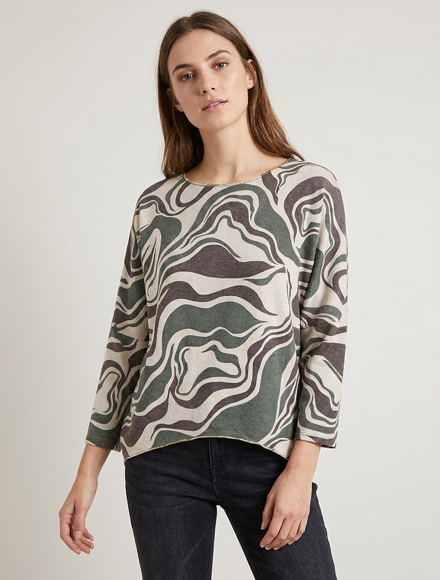 Feiner Pullover mit abstraktem Print und Rundhalsausschnitt - Kaki