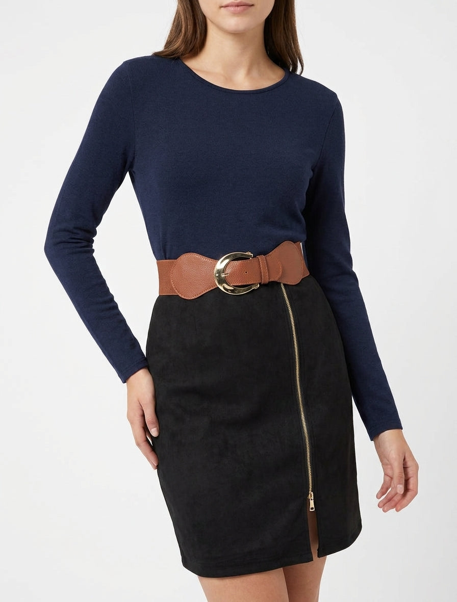 Gerades Kleid aus Strick und Wildleder mit langen Ärmeln und Reißverschluss - Marine/schwarz