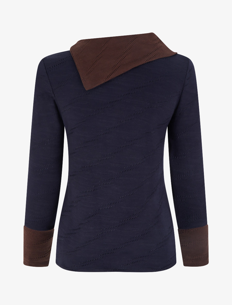 Pull texturé à col fantaisie boutonné - Marine - 2