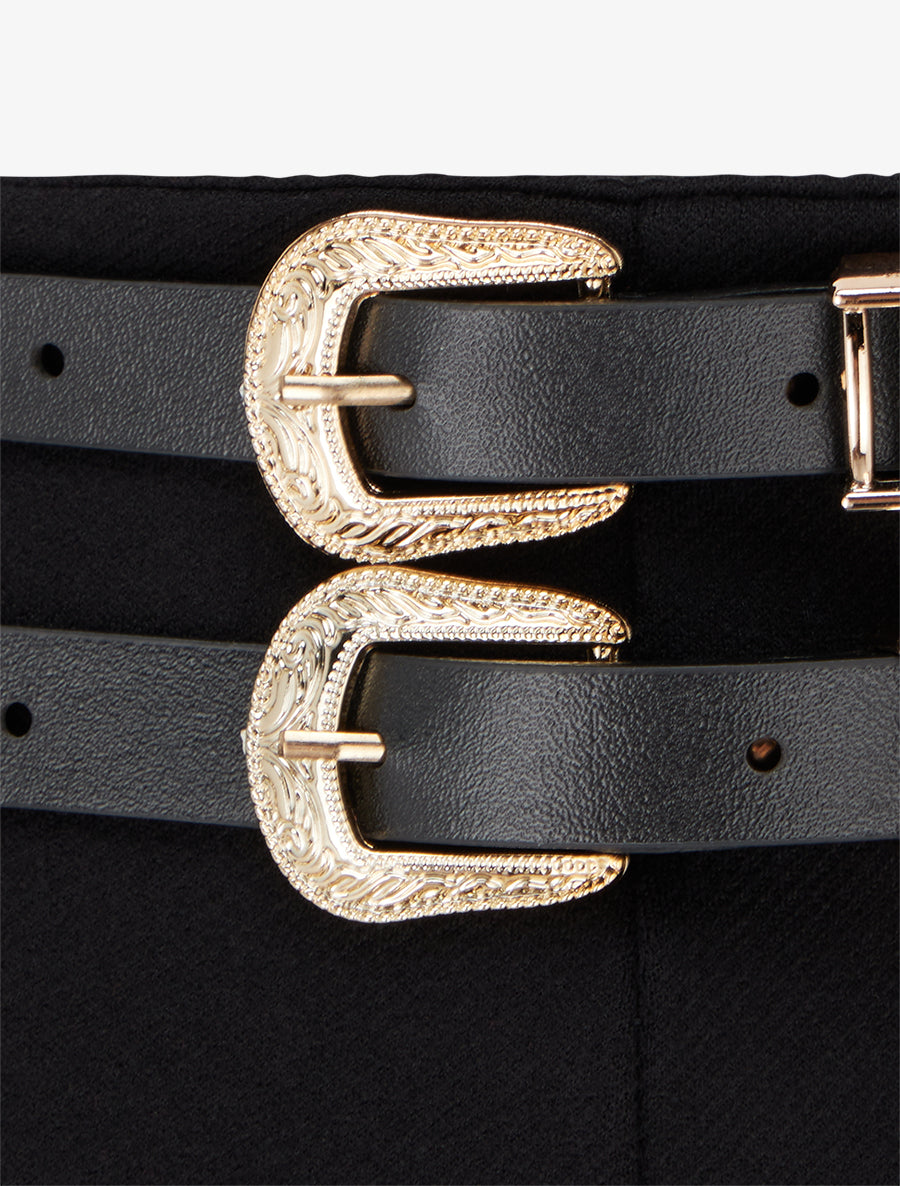 Pantalon ample taille haute à double ceintures - Noir - 3
