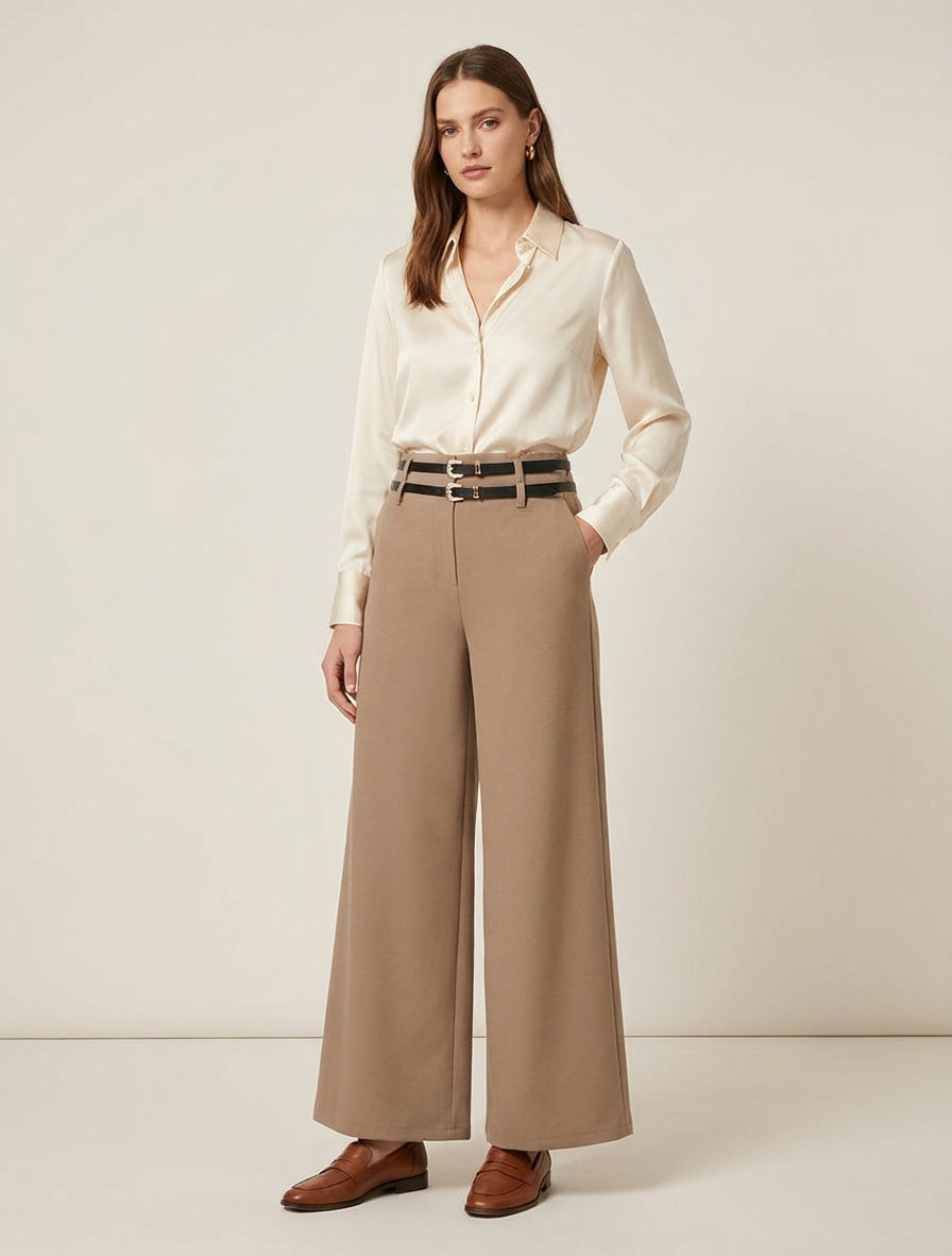 Weite Hose mit hoher Taille und doppeltem Gürtel - Kamel