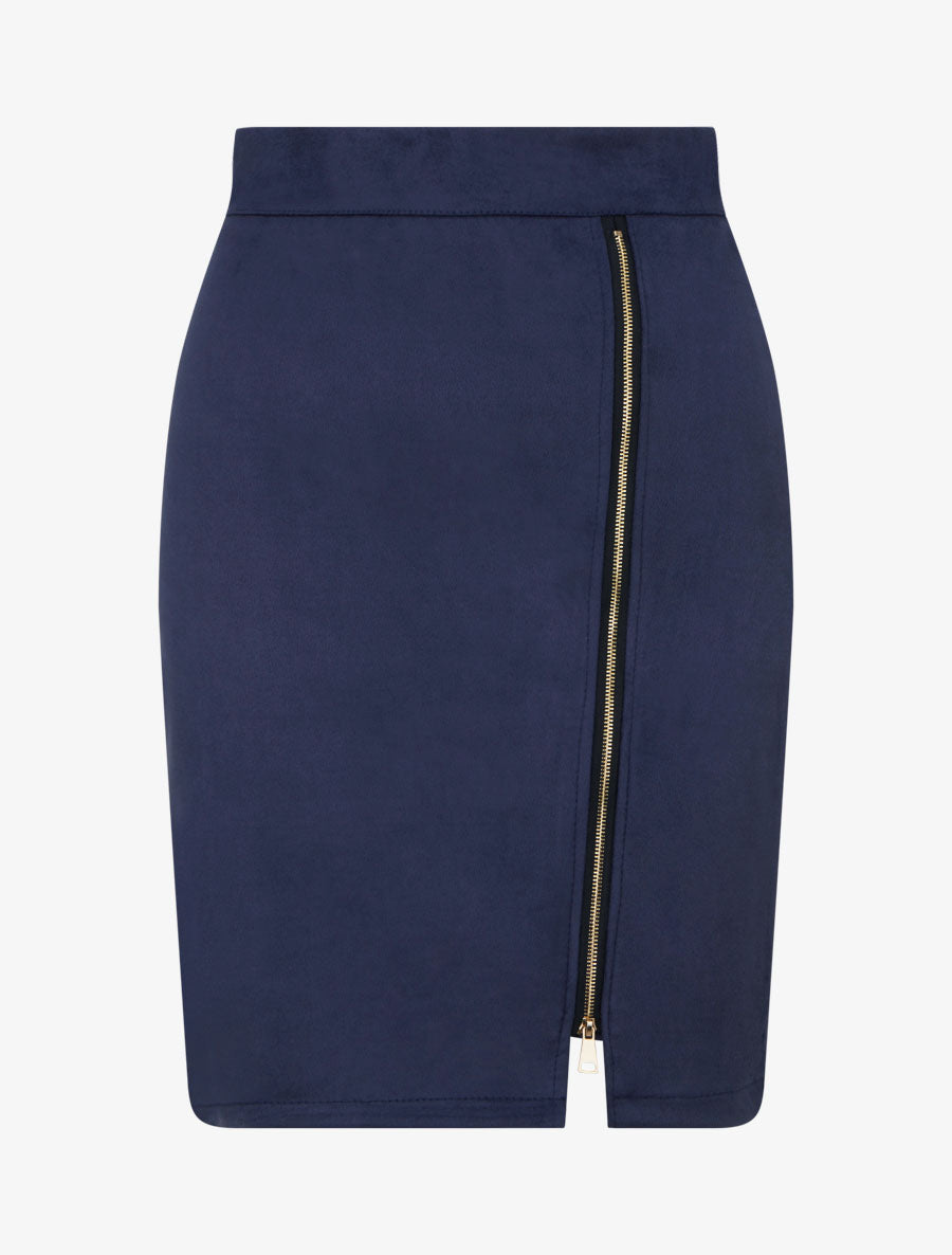 Jupe courte en suédine à zip décoratif - Marine - 1