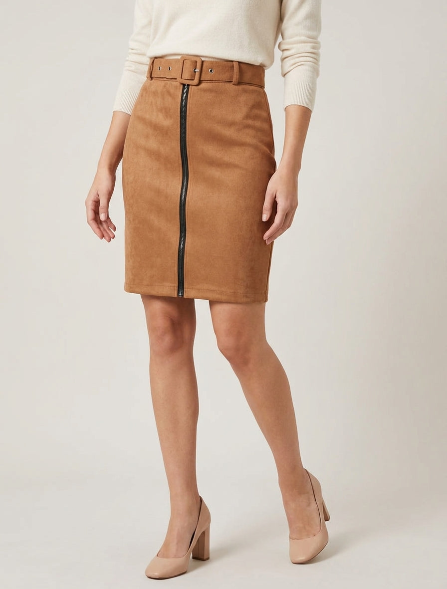 Bleistiftrock mit hoher Taille aus Wildlederimitat mit Reißverschluss - Kamel
