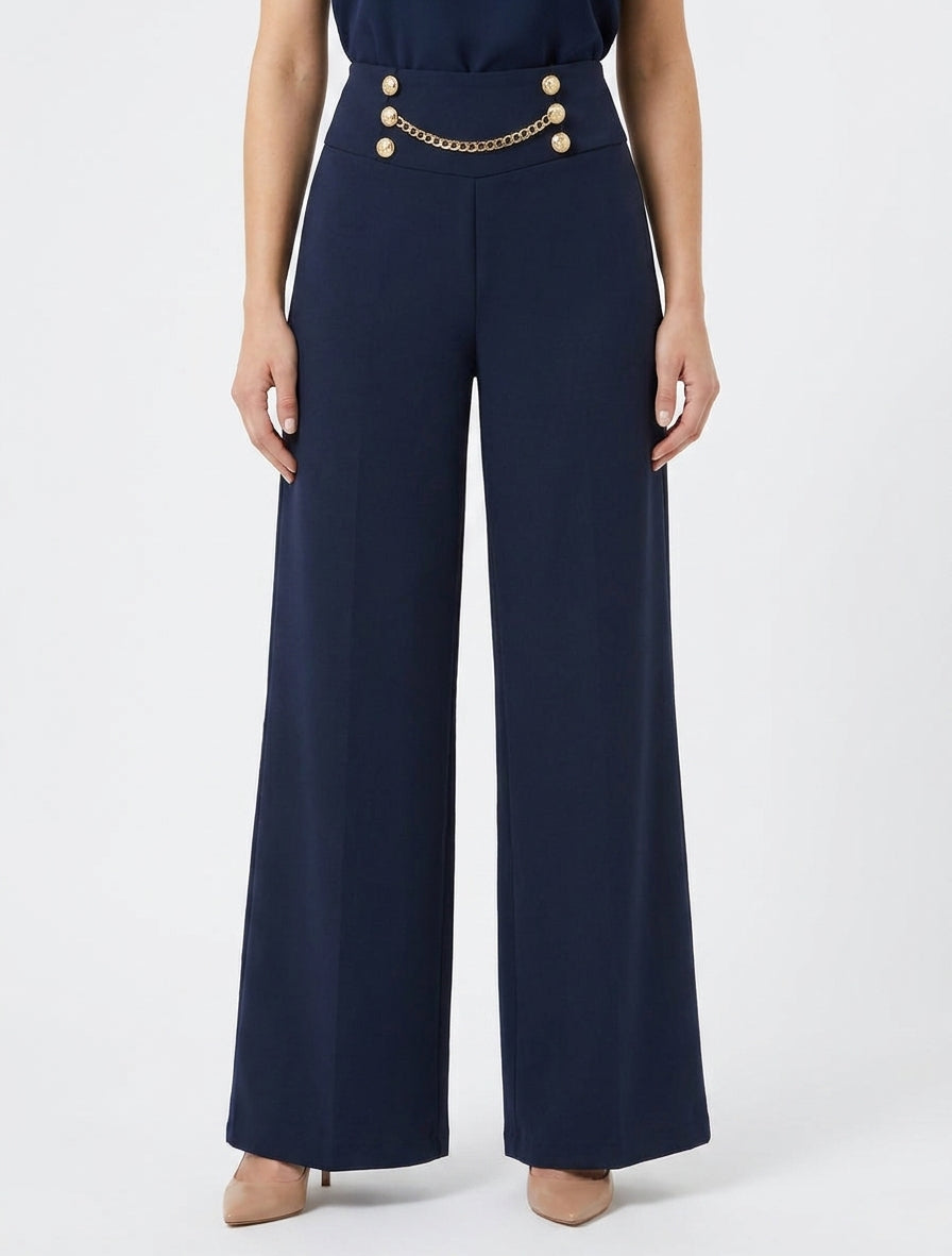 Hoch taillierte Hose mit Knöpfen und Kette - Marine