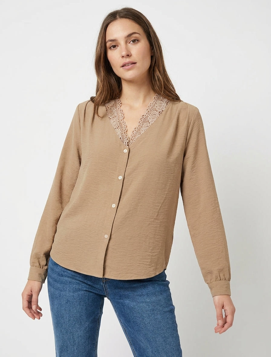 Gerade Bluse mit V-Ausschnitt aus Spitze - Dunkelbeige