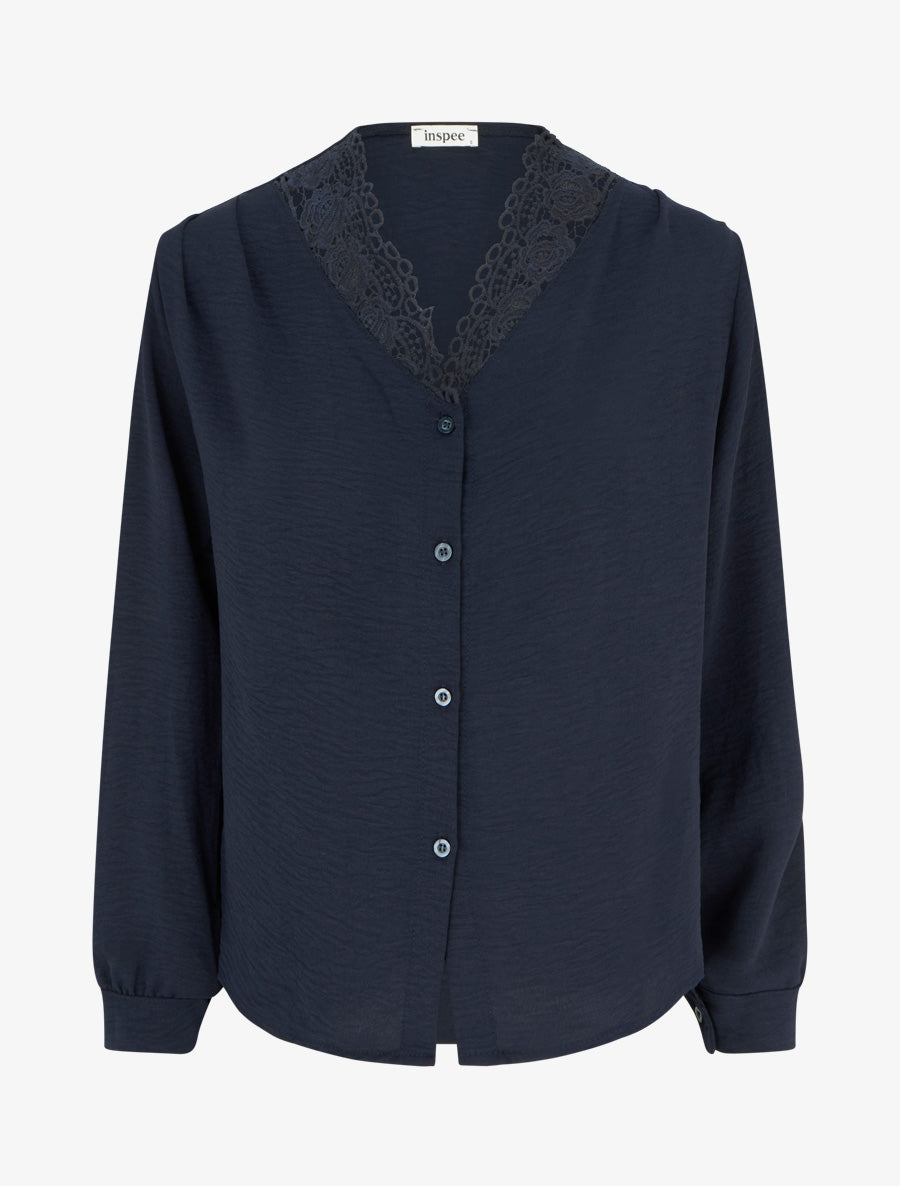 Blouse droite à col V en dentelle - Marine - 1
