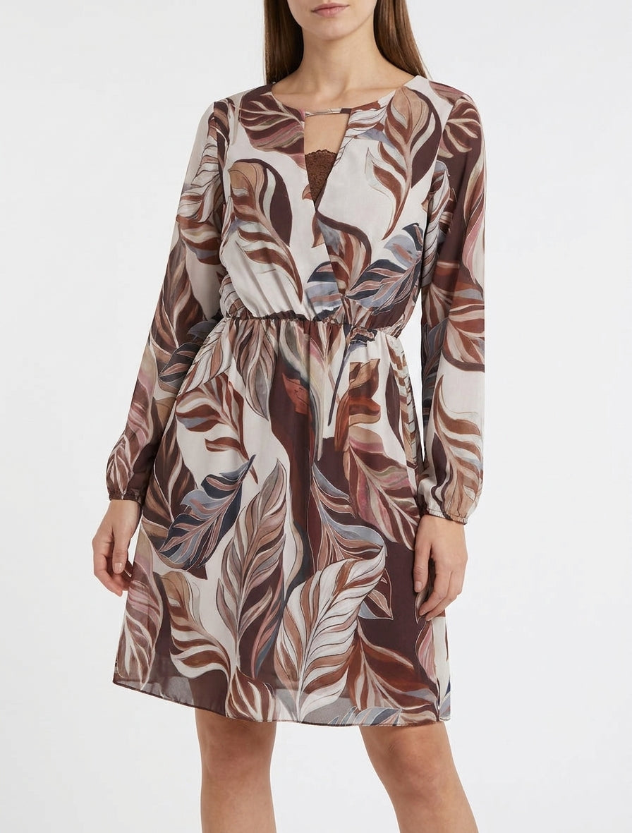 Ausgestelltes Kleid mit stilisiertem Blätterdruck - Braun