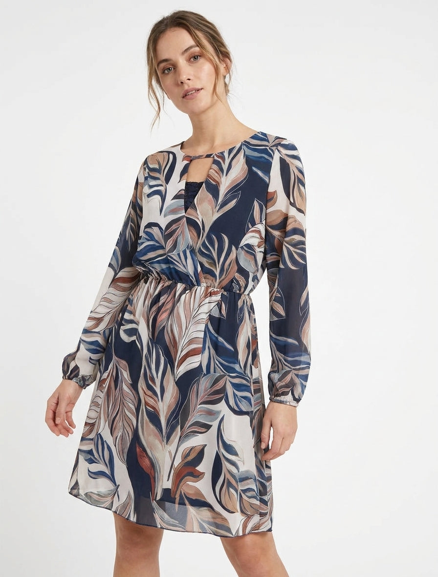 Ausgestelltes Kleid mit stilisiertem Blätterdruck - Marine