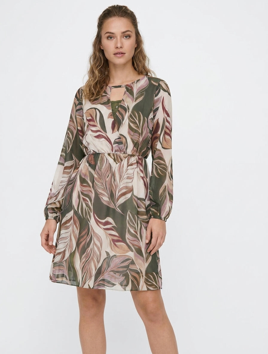 Ausgestelltes Kleid mit stilisiertem Blätterdruck - Kaki