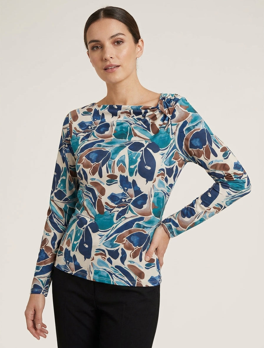 Langärmliges Oberteil mit Blumenmuster - Entenblau