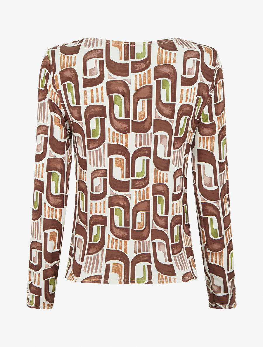 Top imprimé rétro à manches longues - Marron - 2