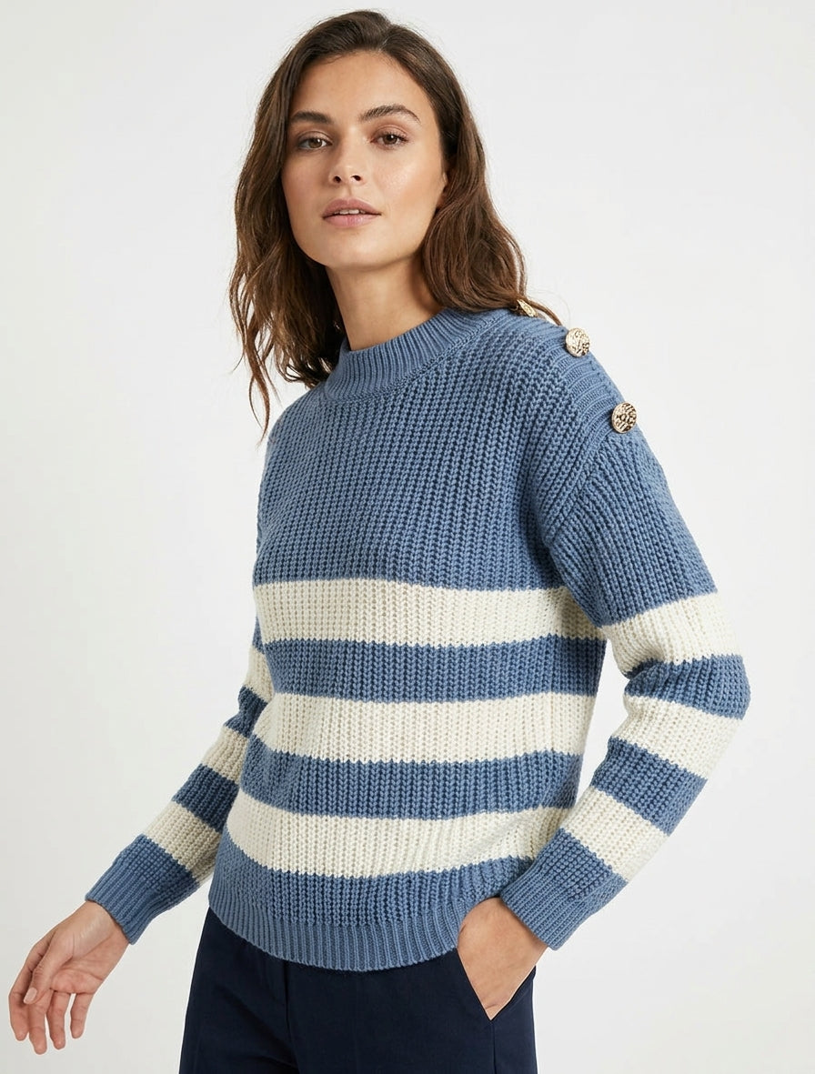 Gestreifter Pullover mit dekorativen Knöpfen - Blaues Wagenrad