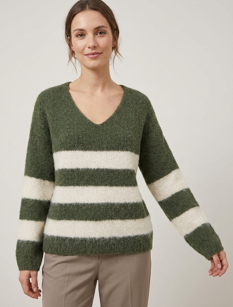 Gestreifter Pullover aus Wollmischung mit V-Ausschnitt - Kaki