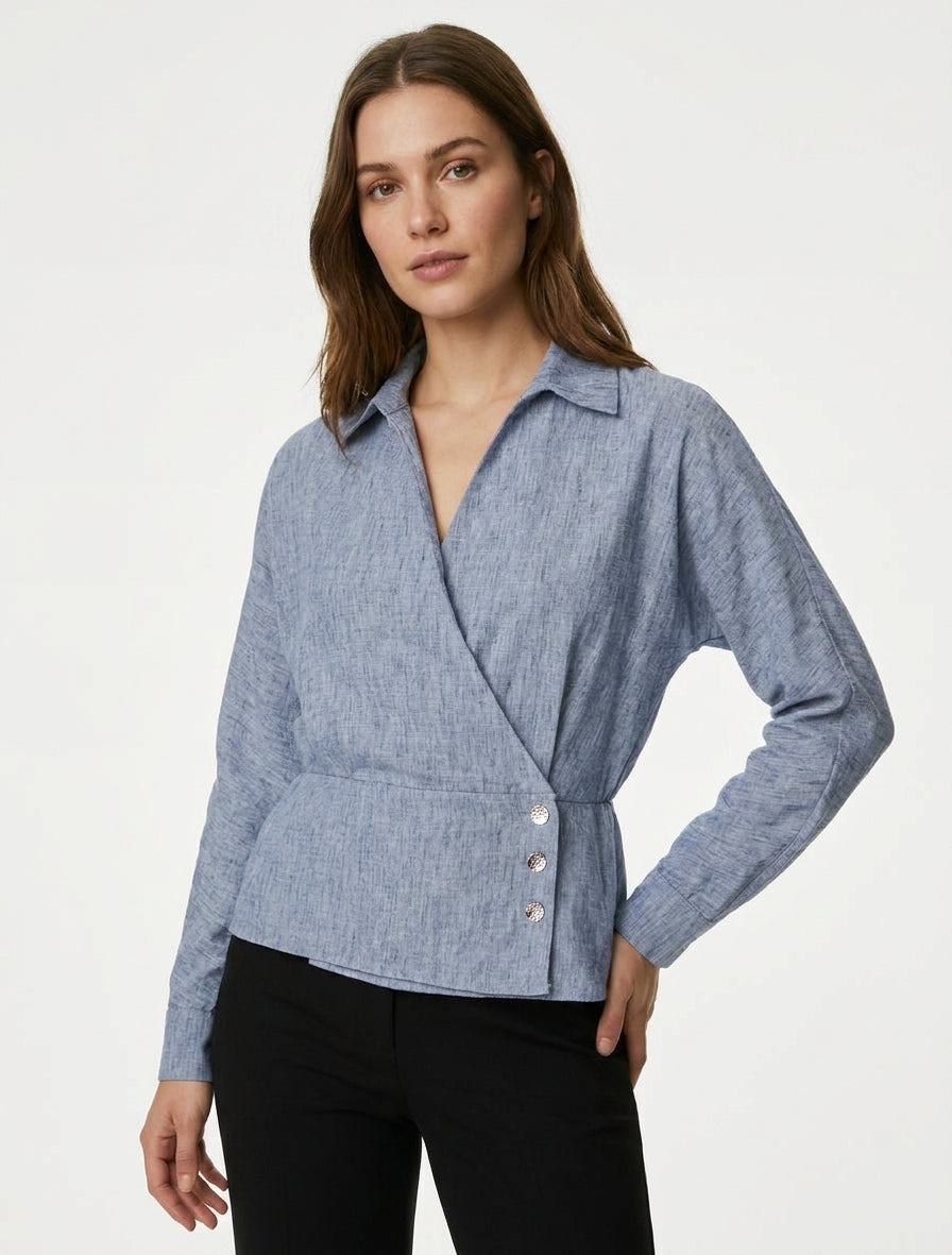 Elastische Bluse mit Wickelausschnitt - Meliertes Blau