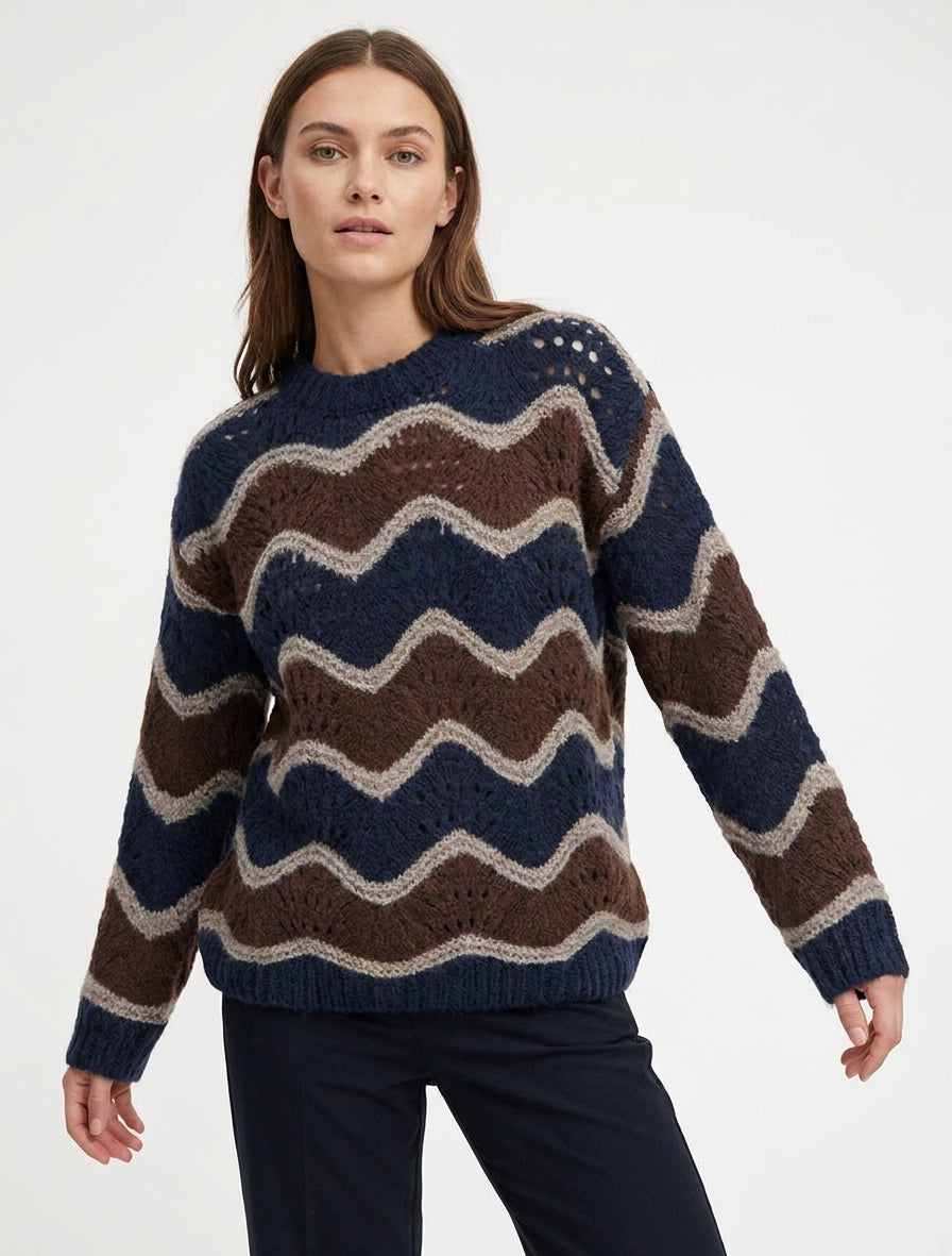 Pullover aus Mohair-Mischung mit gebogenem Streifenmuster - Braun/Marineblau