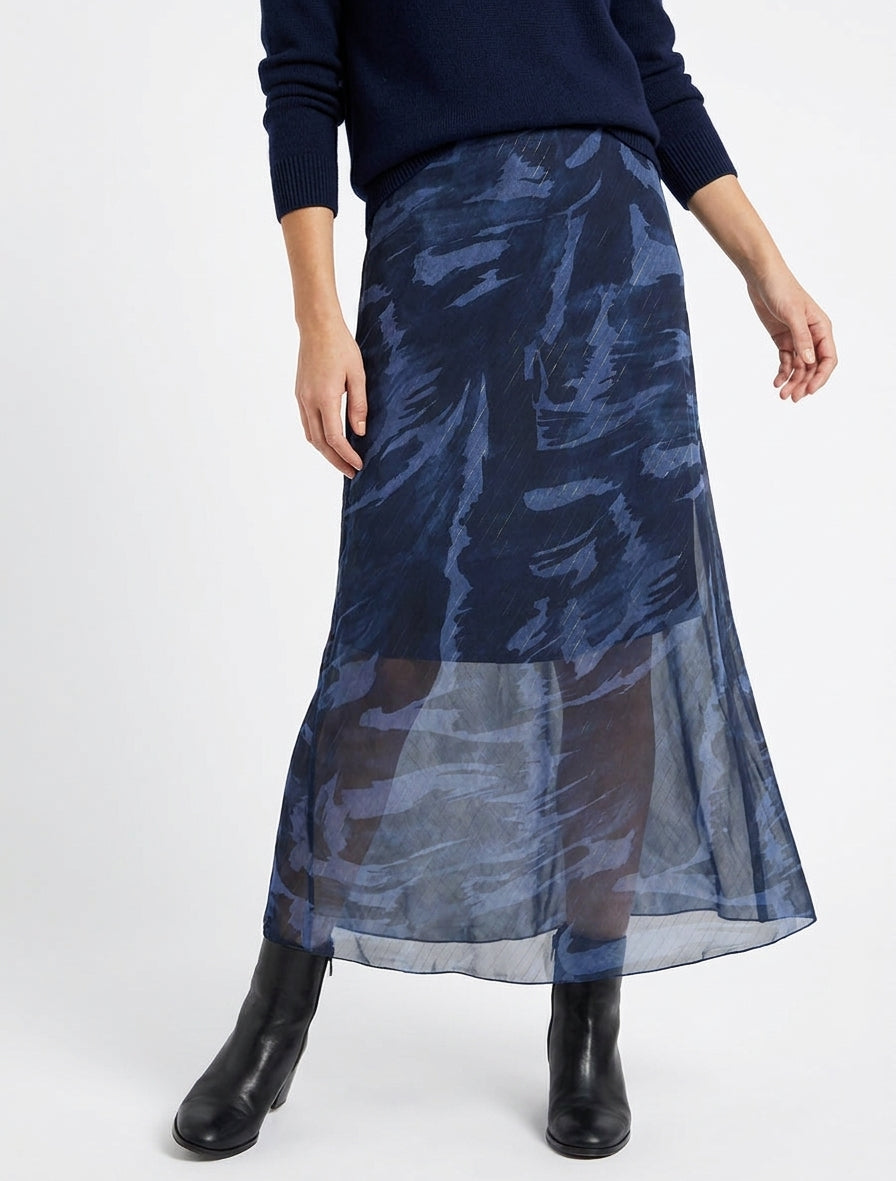 Langer gerader Rock aus irisierendem Voile mit abstraktem Druck - Marine