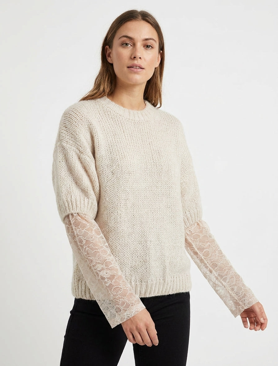 Unifarbener Pullover mit langen Ärmeln aus zwei Materialien - Beige