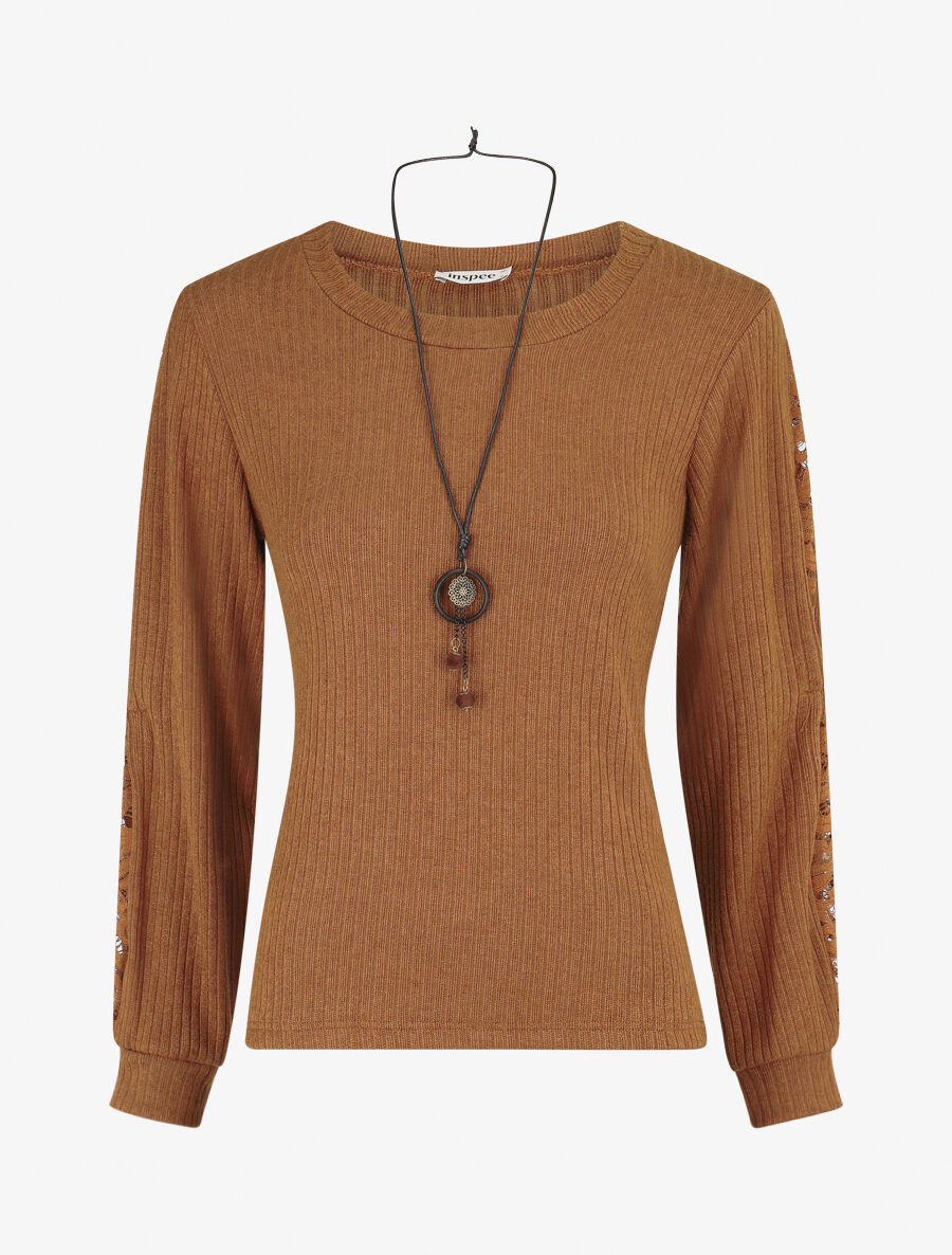 Pull côtelé à manches détails dentelle - Camel - 1