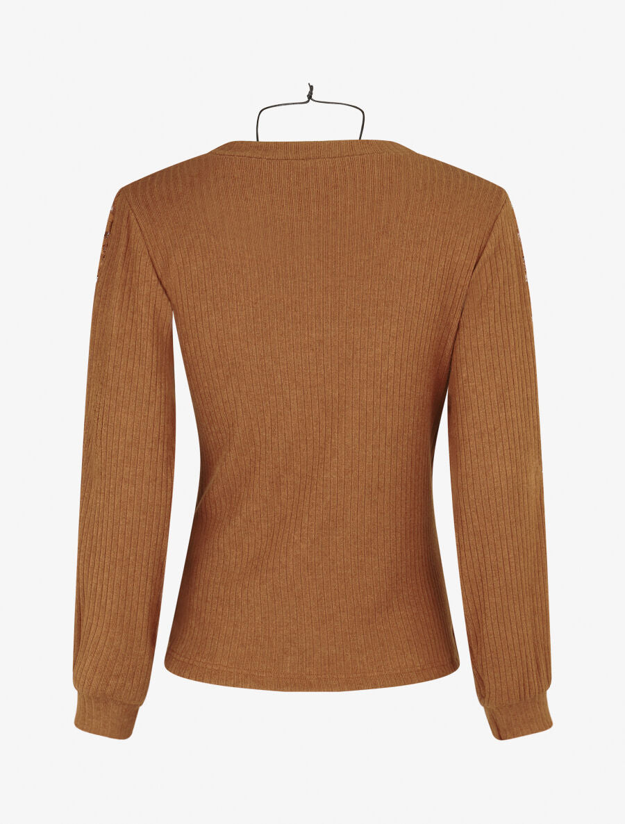 Pull côtelé à manches détails dentelle - Camel - 2