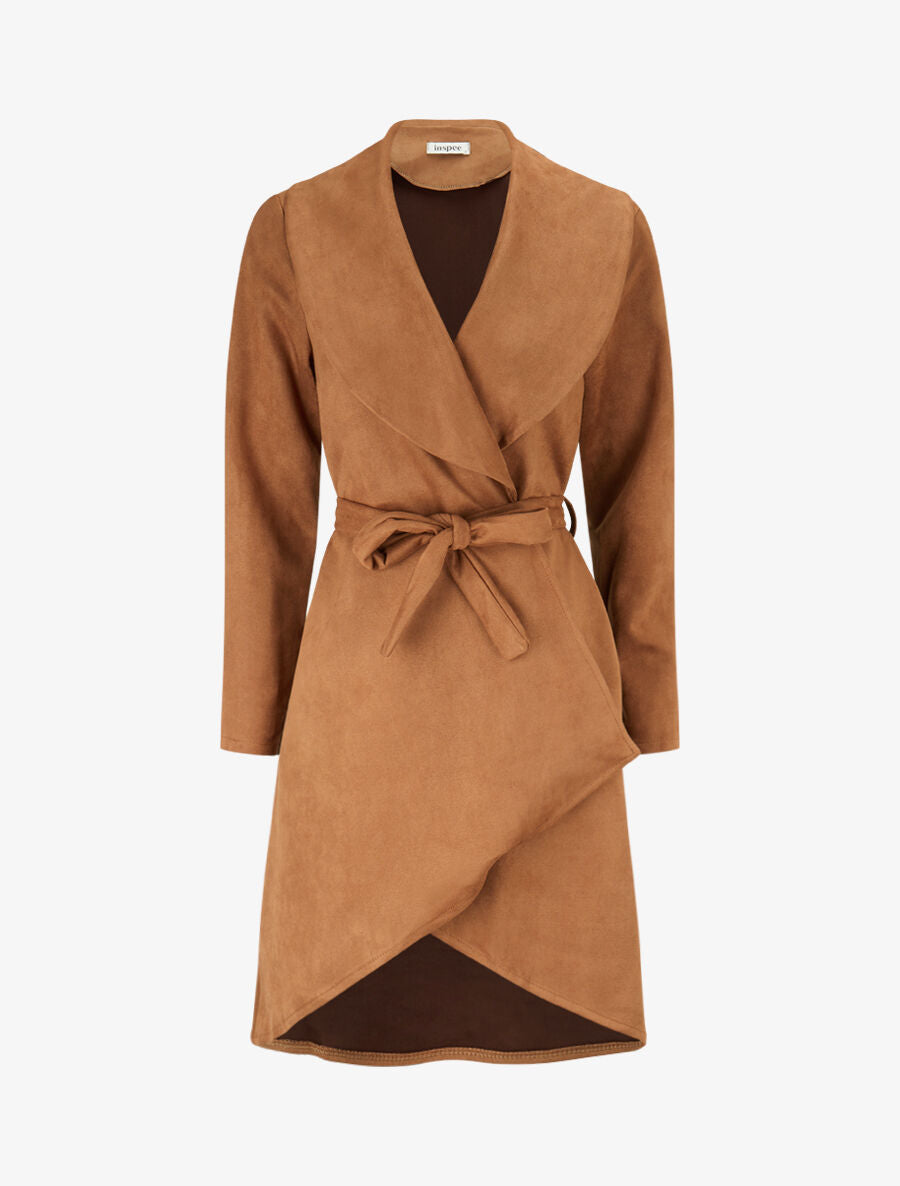 Trench long uni en suédine - Camel - 1