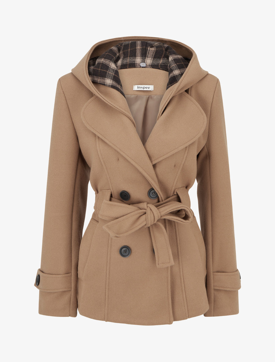 Manteau uni à capuche imprimée amovible - Camel - 1