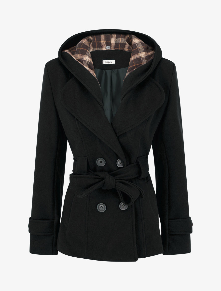 Manteau uni à capuche imprimée amovible - Noir - 1