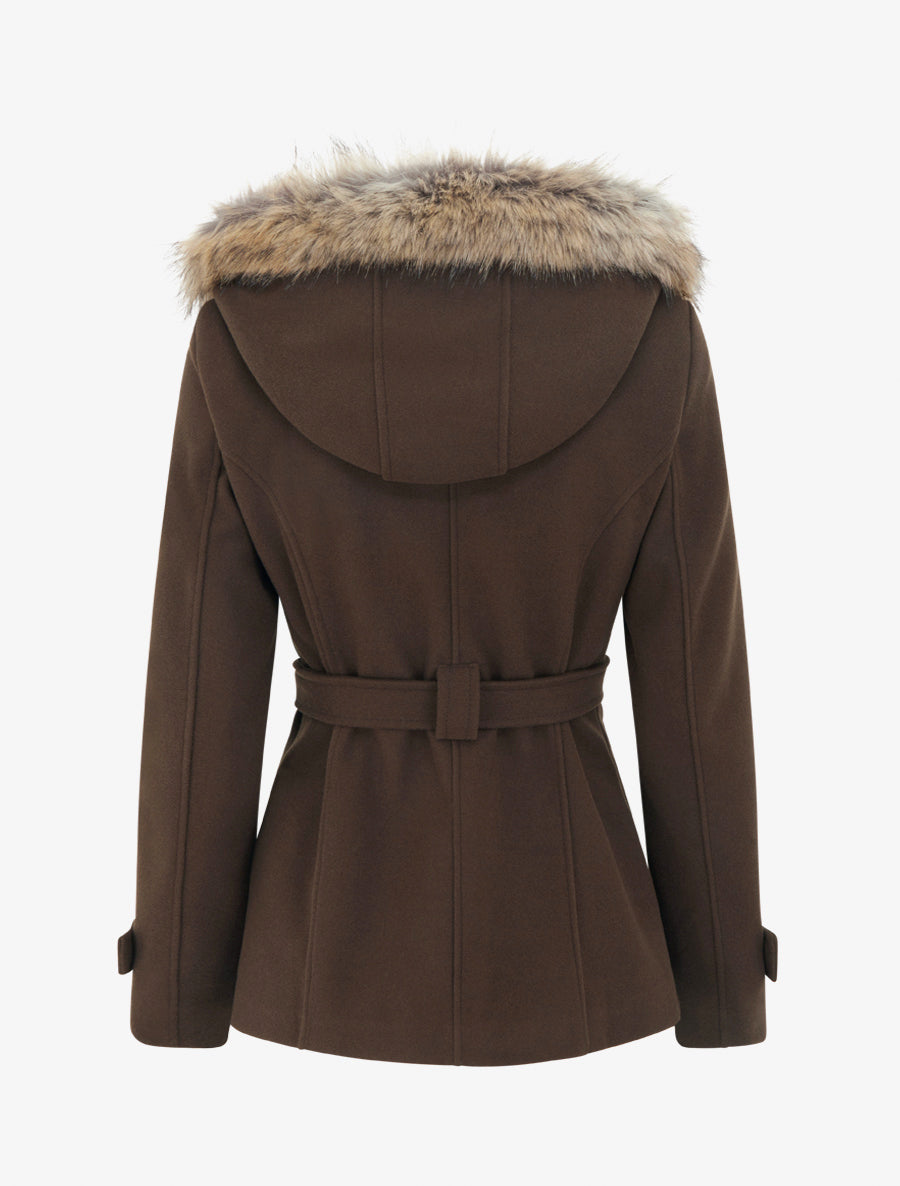 Manteau ceinturé à fermeture croisé et capuche amovible - Chocolat - 2