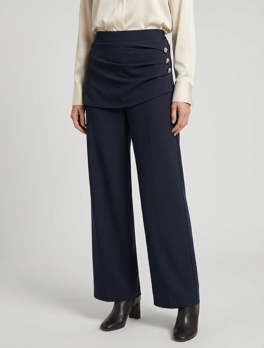 Weit geschnittene, hoch taillierte und drapierte Hose - Marine