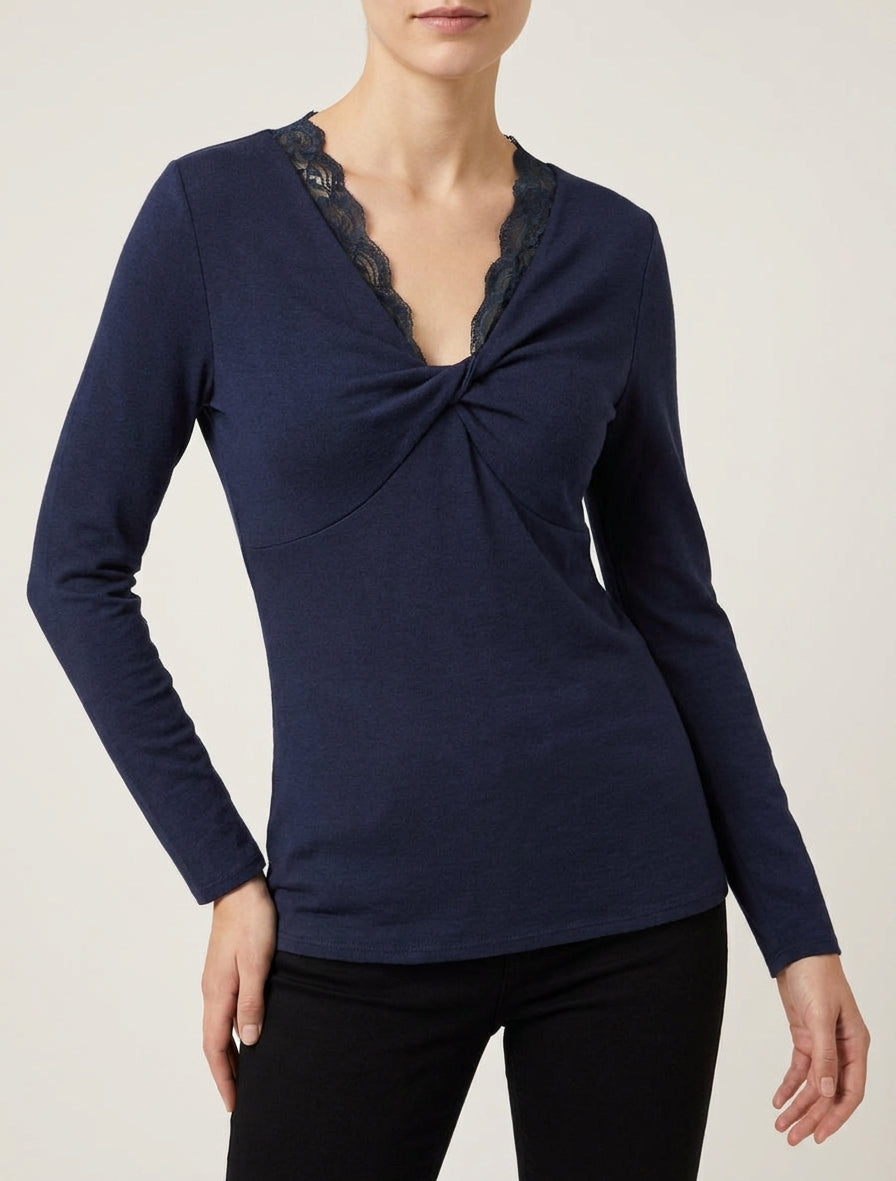 Feiner Pullover mit gebundenem Kragen - Marine
