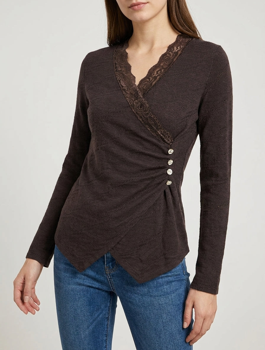 Feiner V-Ausschnitt-Pullover aus Spitze - Braun