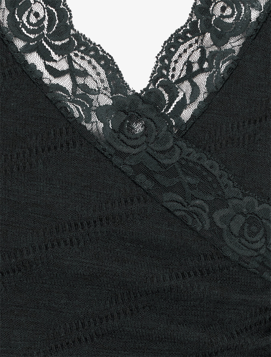 Pull fin à col V en dentelle - Noir - 3