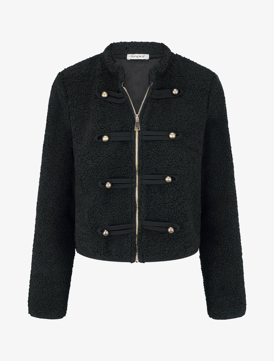 Veste effet laine bouclée style officier - Noir - 1