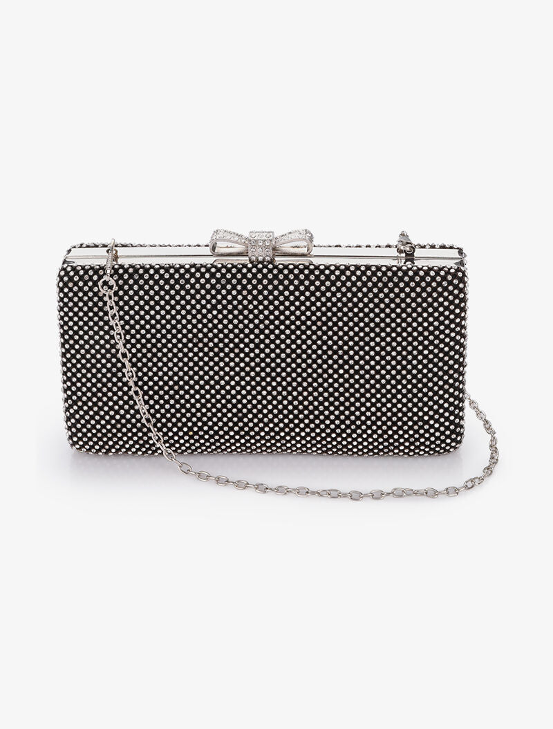 Minaudière rectangulaire à fermoir noeud et strass - Noir - 3