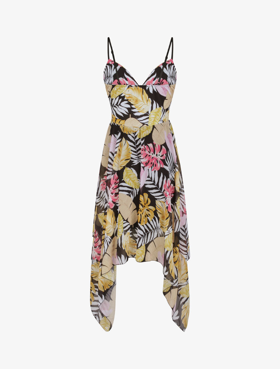 Robe empire mi-longue asymétrique imprimé feuille tropicales - Noir - 2