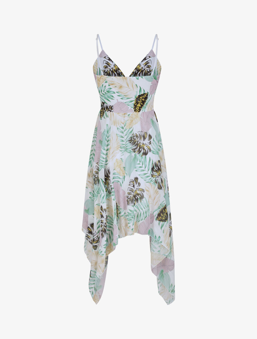 Robe empire mi-longue asymétrique imprimé feuille tropicales - Blanc - 2