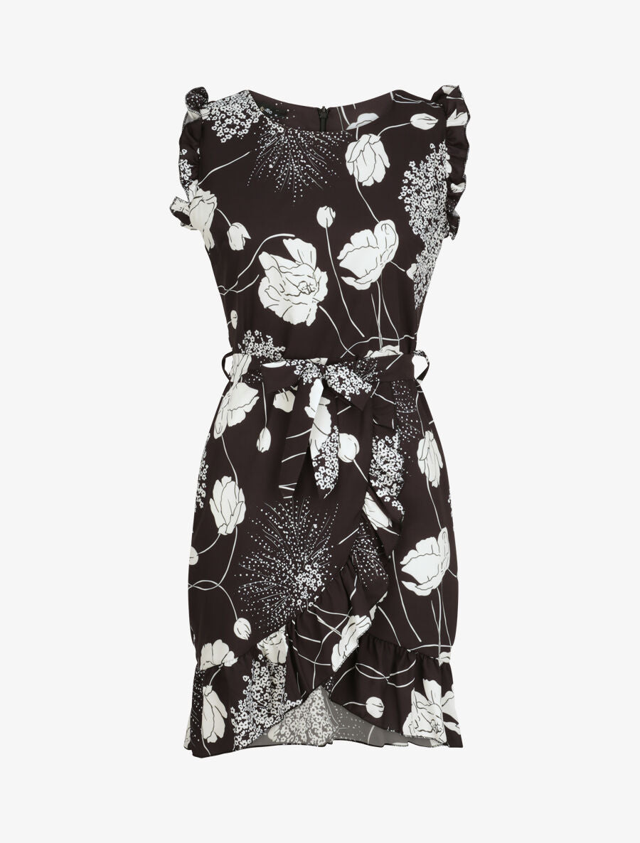 Robe imprimé fleurs sauvages à bords volantées style portefeuille - Noir - 1