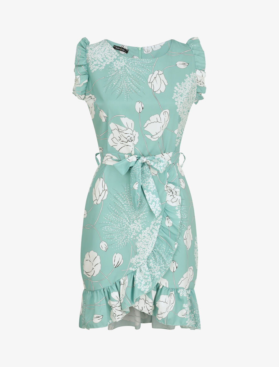 Robe imprimé fleurs sauvages à bords volantées style portefeuille - Vert d&