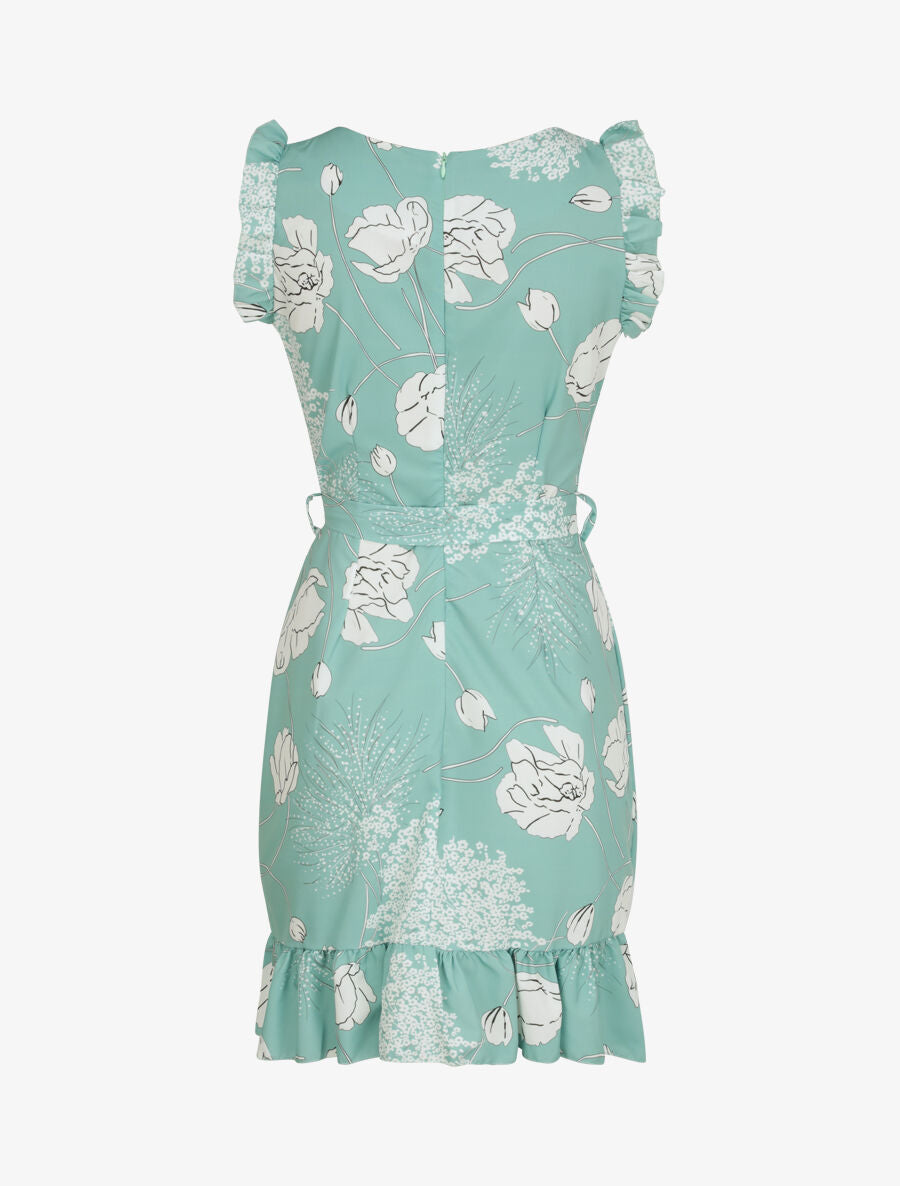 Robe imprimé fleurs sauvages à bords volantées style portefeuille - Vert d&