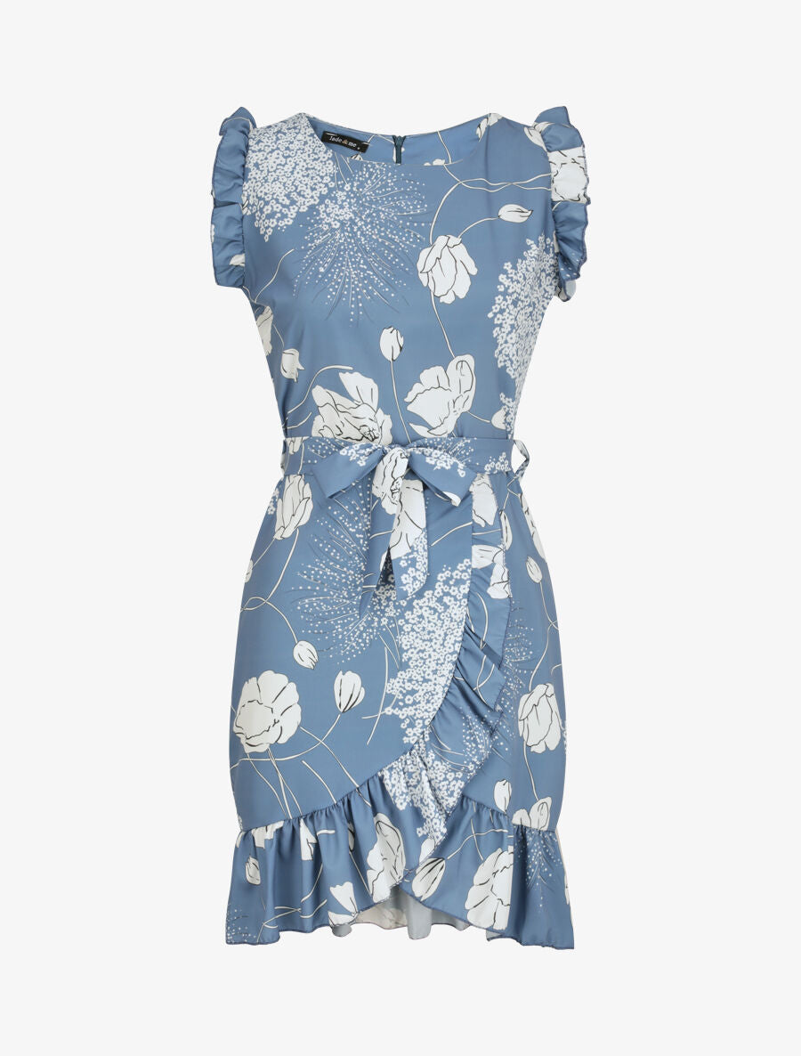 Robe imprimé fleurs sauvages à bords volantées style portefeuille - Bleu charrette - 4