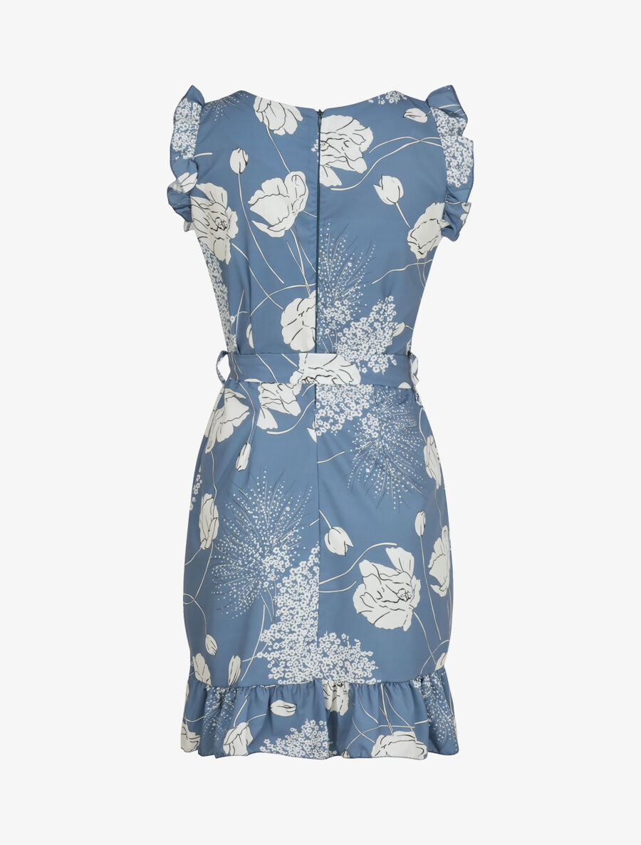 Robe imprimé fleurs sauvages à bords volantées style portefeuille - Bleu charrette - 2